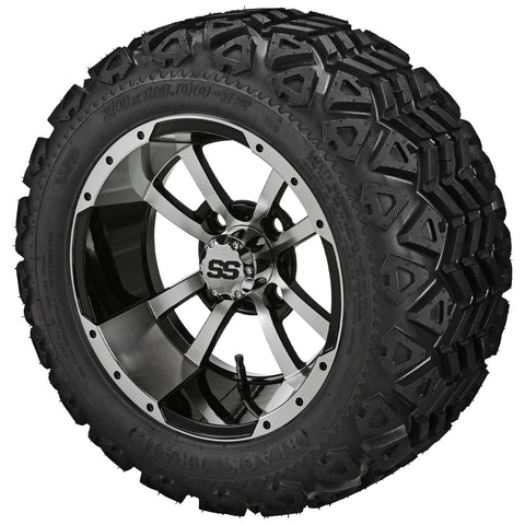 20x10.00-12 Black Trail Tires on Black/Machined Maltese Cross Golf Cart Wheels