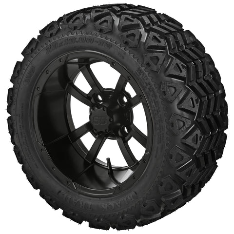 20x10.00-12 Black Trail Tires on Matte Black Maltese Cross Golf Cart Wheels