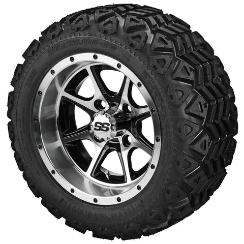 20x10.00-12 Black Trail Tires on Black/Machined Azusa Golf Cart Wheels