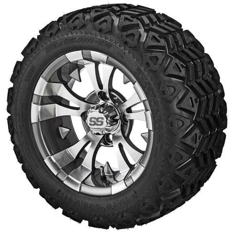 20x10.00-12 Black Trail Tires on Gun Metal Gray/Machined Warlock Golf Cart Wheels