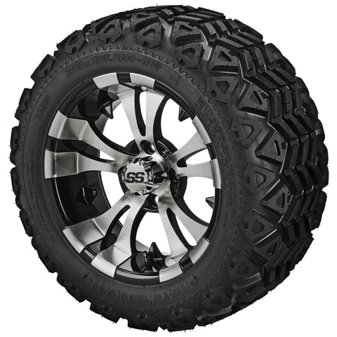 20x10.00-12 Black Trail Tires on Black/Machined Warlock Golf Cart Wheels