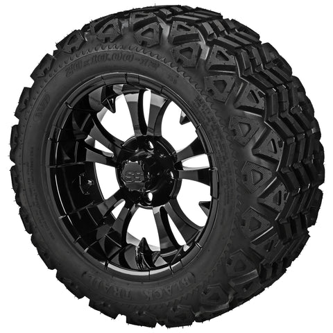 20x10.00-12 Black Trail Tires on Gloss Black Warlock Golf Cart Wheels