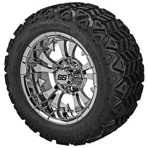 20x10.00-12 Black Trail Tires on Mirror Warlock Golf Cart Wheels