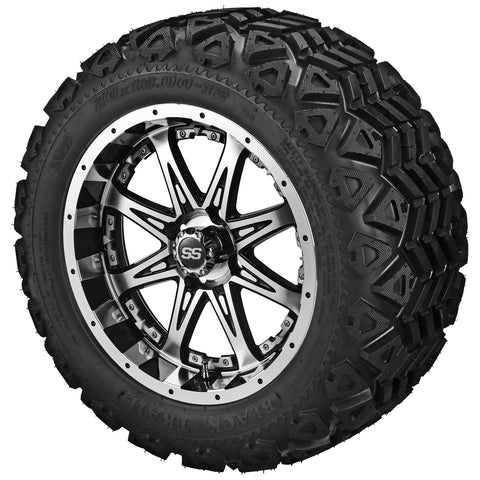 20x10.00-12 Black Trail Tires on Black/Machined Revenge Golf Cart Wheels with Color Inserts