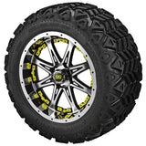 20x10.00-12 Black Trail Tires on Black/Machined Revenge Golf Cart Wheels with Color Inserts