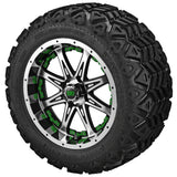 20x10.00-12 Black Trail Tires on Black/Machined Revenge Golf Cart Wheels with Color Inserts