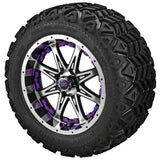 20x10.00-12 Black Trail Tires on Black/Machined Revenge Golf Cart Wheels with Color Inserts