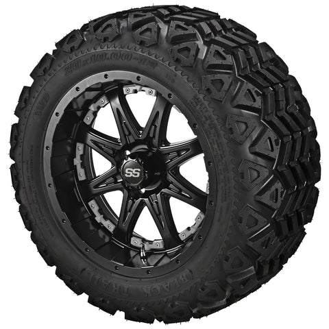 20x10.00-12 Black Trail Tires on Matte Black Revenge Golf Cart Wheels with Color Inserts