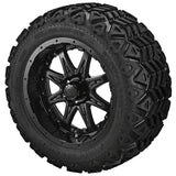 20x10.00-12 Black Trail Tires on Matte Black Revenge Golf Cart Wheels with Color Inserts