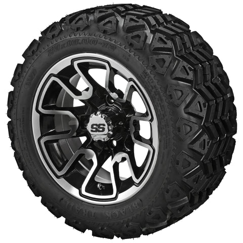20x10.00-12 Black Trail Tires on Black/Machined Tombstone Golf Cart Wheels