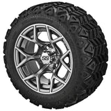 20x10.00-12 Black Trail Tires on Gun Metal Gray/Machined Ninja Golf Cart Wheels