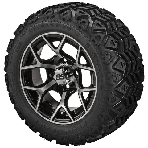 20x10.00-12 Black Trail Tires on Black/Machined Ninja Golf Cart Wheels