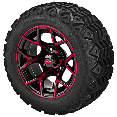 20x10.00-12 Black Trail Tires on Black/Red Ninja Golf Cart Wheels