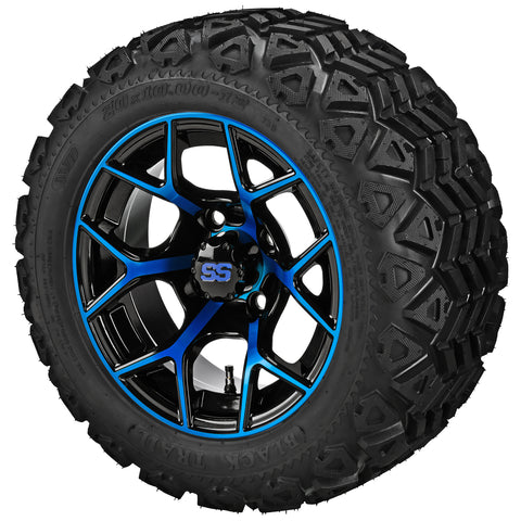 20x10.00-12 Black Trail Tires on Black/Blue Ninja Golf Cart Wheels