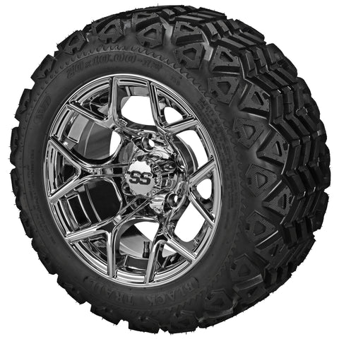 20x10.00-12 Black Trail Tires on Mirror Ninja Golf Cart Wheels