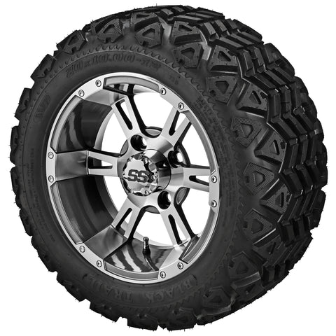 20x10.00-12 Black Trail Tires on Gun Metal Gray/Machined Raptor Golf Cart Wheels