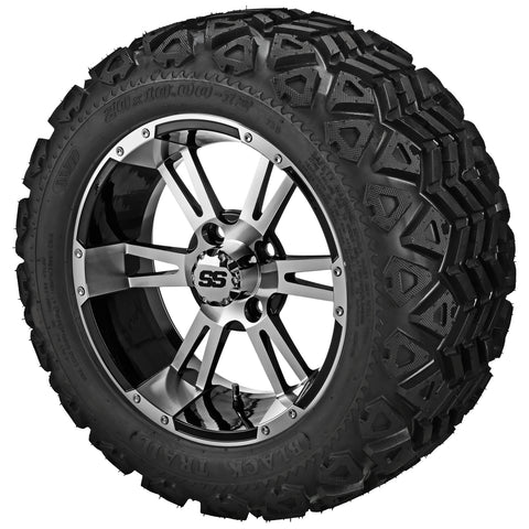 20x10.00-12 Black Trail Tires on Black/Machined Raptor Golf Cart Wheels