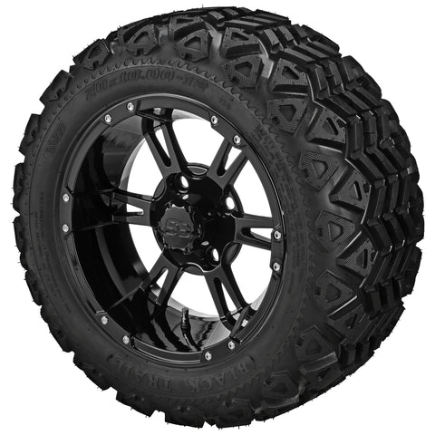 20x10.00-12 Black Trail Tires on Gloss Black Raptor Golf Cart Wheels