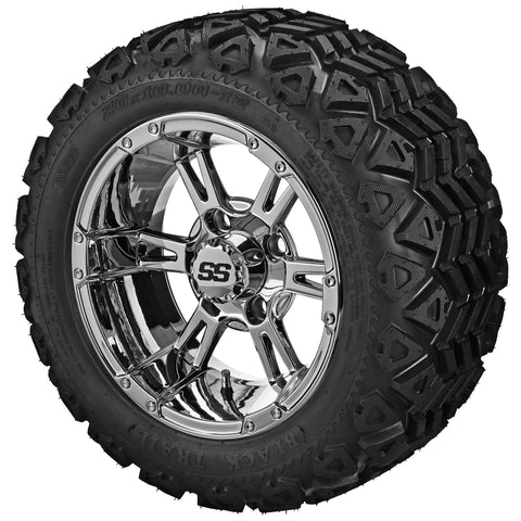 20x10.00-12 Black Trail Tires on Mirror Raptor Golf Cart Wheels