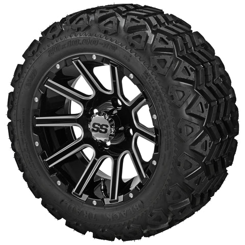 20x10.00-12 Black Trail Tires on Black/Machined Ball Milled Venom Golf Cart Wheels