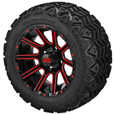 20x10.00-12 Black Trail Tires on Black/Red Ball Milled Venom Golf Cart Wheels