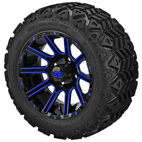 20x10.00-12 Black Trail Tires on Black/Blue Ball Milled Venom Golf Cart Wheels