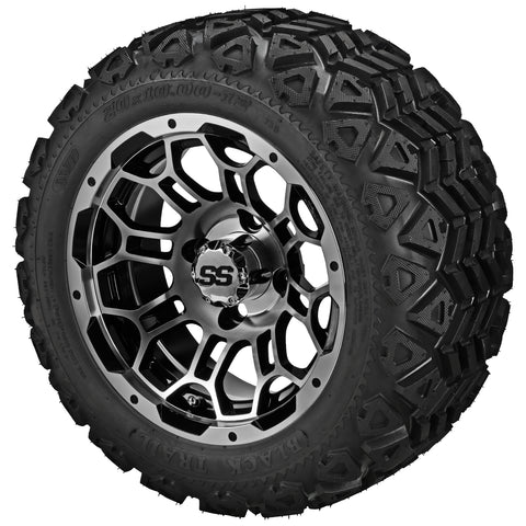 20x10.00-12 Black Trail Tires on Black/Machined Hercules Golf Cart Wheels