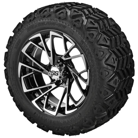 20x10.00-12 Black Trail Tires on Black/Machined Stinger Golf Cart Wheels