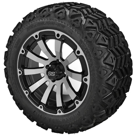 20x10.00-12 Black Trail Tires on Black/Machined Beast Golf Cart Wheels